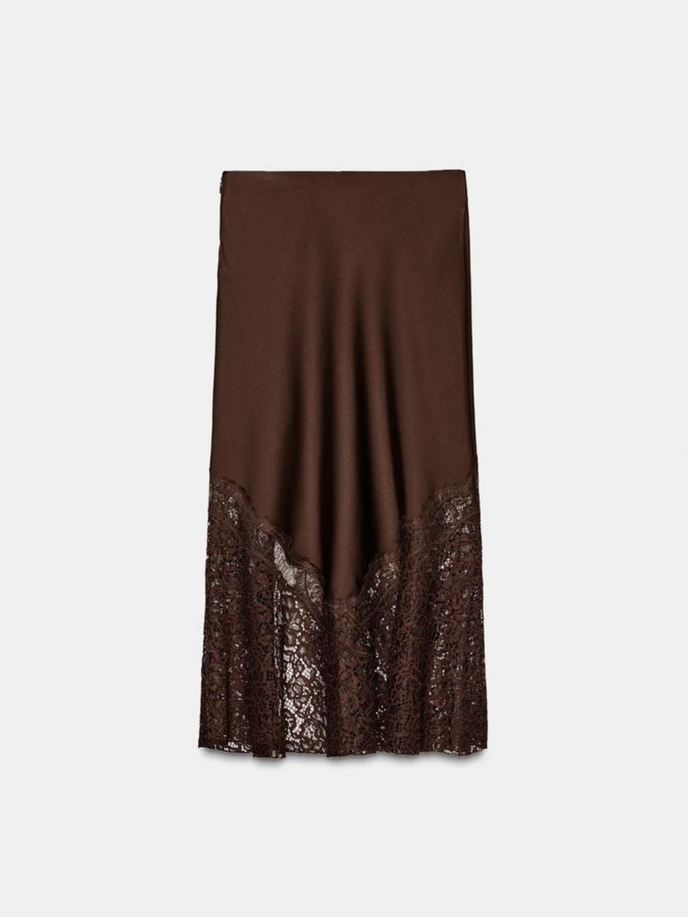 NWOT. Zara ZW Collection Brown High-waist Satin Midi Skirt with Lace. Size S. - Picture 9 of 14